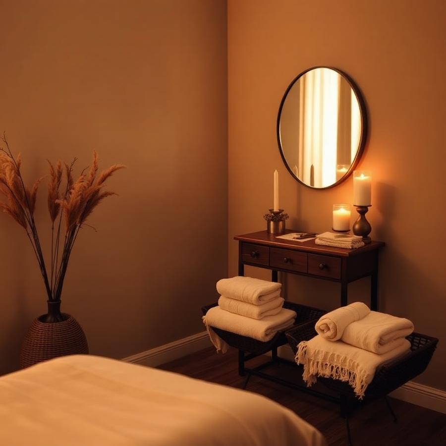 Warm candlelit corner of the Beauty by Beuning waxing studio in North Branch, MN